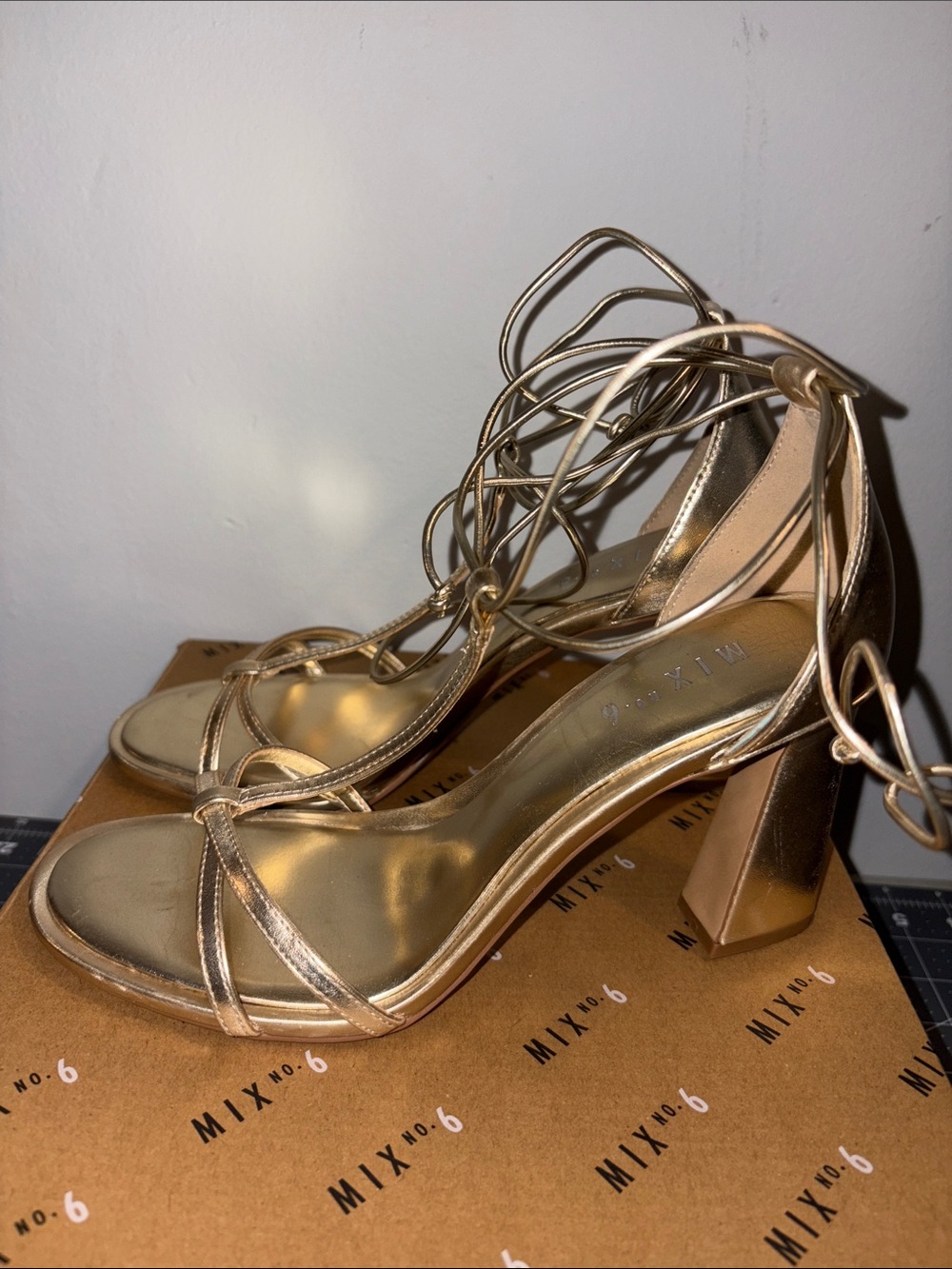 Mix No. 6 Metallic Gold Lace-Up Block Heel Sandals
